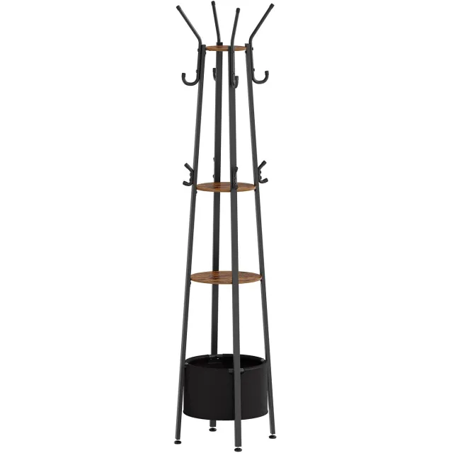 Hutjemutje kapstok - kapstok staand - kapstok haken - inclusief grote opbergmand - 3 planken - 16 haken - industrieel - 182.5 x 33 cm - bruin - zwart