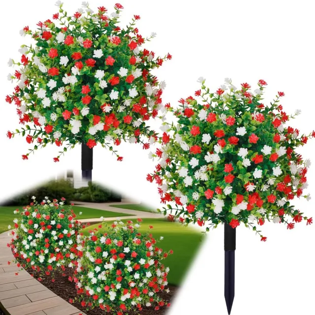 FLITI UV-Bestendige kunstbloemen voor buiten - Kunstplanten - Met Uitneembare Pinnen - Diy Decoratie Kunstmatige - Bloem Decoratie Geschikt Voor Tuin Veranda Plastic Planten, Geschikt Voor Binnen En Buiten - Groen + Gemengde Bloemkleuren - 2 stuks Groen+Wit +Rood
