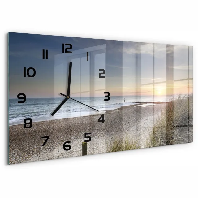 TULUP Wandklok - Zonsondergang en duinen Klok Glas Met Opdruk - 60x30 cm - Beige Moderne Wandklok Glas - Zwarte handen - Rechthoekige Klok - Decoratieve Glazen Klok - Glazen Wandklok Design