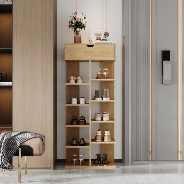 Pugsdrly Moderne multifunctionele schoenenkast, open schoenenrek met 1 lade en 10 opbergvakken, schoenenkast voor in de hal, houtkleur, 55×33×133 cm Natuurlijk