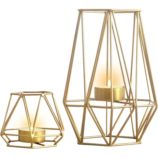 iBright Moderne Hexagon Waxinelichthouders - Goud - Theelichthouder Set - Woondecoratie - Set van 2