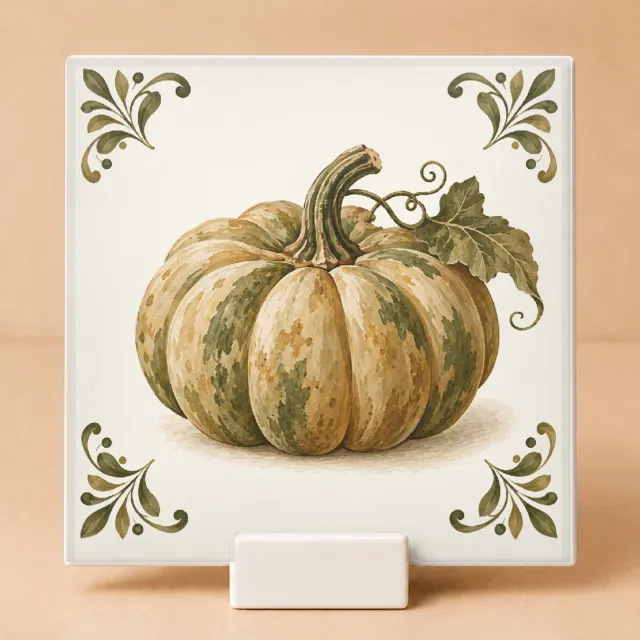 Bedruk King Sfeervolle Pompoen Tegel – Decoratieve Keramieken Herfsttegel voor Pompoenliefhebbers en Herfstfans - 15 x 15 cm met houder Wit