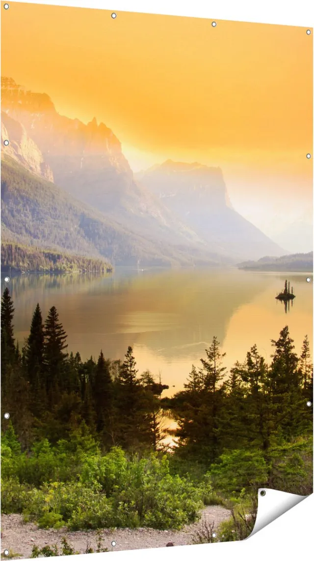 Gards Tuinposter Bergen met een Meer in Nationaal Park Glacier - 120x180 cm - Tuindoek - Tuindecoratie - Wanddecoratie buiten - Tuinschilderij Multikleur