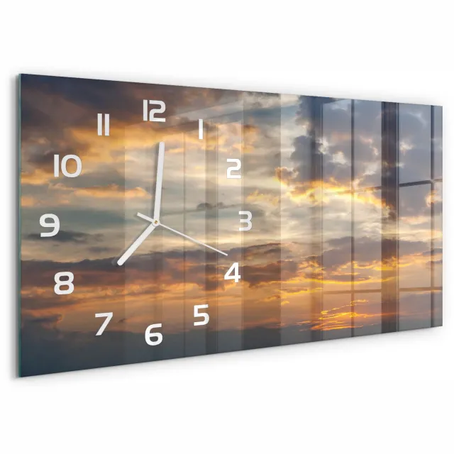TULUP Wandklok - Zonsondergang Wandklok Glas Met Motief - 60x30 cm - Oranje Decoratieve Glazen Klok - Witte handen - Rechthoekige Klok - Gekleurde Glazen Klok - Glazen Klok Met Print
