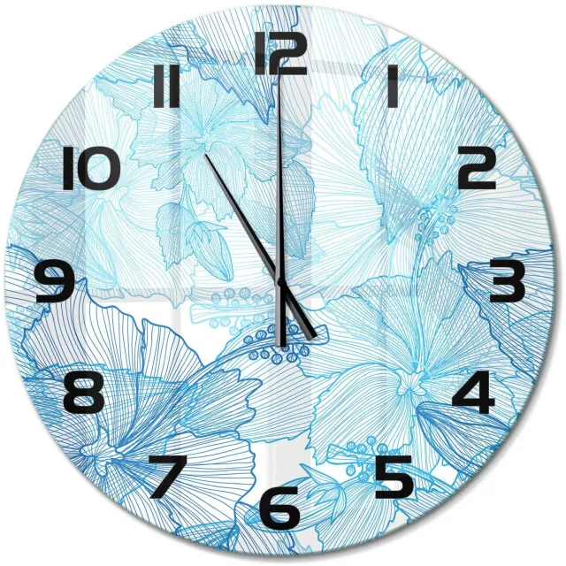 TULUP Wandklok - Hawaiiaanse bloemen Wandklok Glas Met Motief - fi60 cm - Blauw Decoratieve Glazen Klok - Zwarte handen - Ronde Klok - Gekleurde Glazen Klok - Glazen Klok Met Print