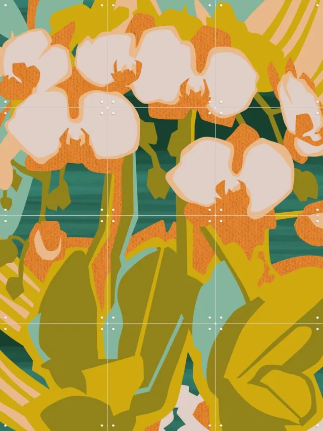 IXXI Orchids, Megan Gallagher - 60 x 80 cm - Grote wanddecoratie en posters - Illustraties, Digitale Kunst, Kleurrijk, Woonkamer, Slaapkamer, Natuur Groen / Beige / Oranje