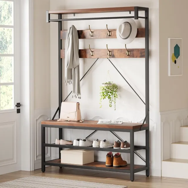 HOERFURIY Kapstok staand, Industrieel halmeubel met bank - kapstokken met 9 haken & legplank, rustiek bruin/zwart, 101 x 40 x 182 cm - bruin