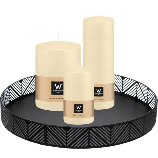 Wiedemann Cilinderkaarsen - stompkaarsen set - op zwart dienblad van metaal - 3x stuks - creme wit - 6 x 12 - 10x15 - 7x20 cm