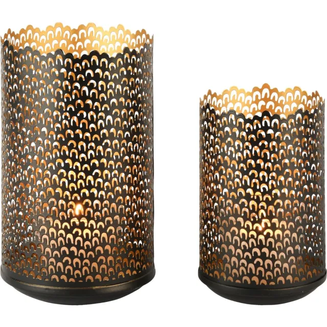 dekoratief Set 2 Waxinelichthouders 'Little Arches', zwart/goud, metaal, 13x13x22cm | A248201