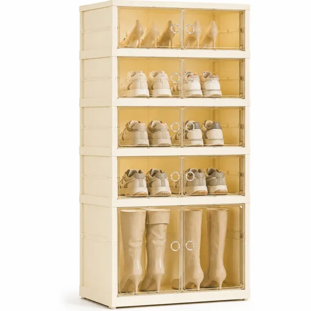 Gloovon Schoenenkast - Opvouwbaar & Stapelbaar Schoenenrek - Installatievrij - 6 Lagen - Magnetische Deurtjes - 118cm - Creme Wit Crème wit