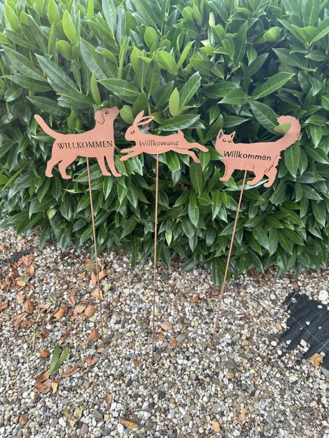 Impuls Metalen deco tuinstekers "dieren + tekst" - Set van 3 stuks - roestkleurig - hoogte 60 x 17 x 15 cm - Tuinaccessoires - Tuindecoratie – Tuinstekers Roestkleurig - dieren + tekst