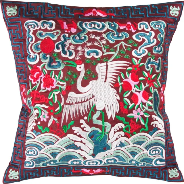 Fine Asianliving Chinese Kussen Volledig Geborduurd Bordeaux Kraanvogel 45x45cm Rood