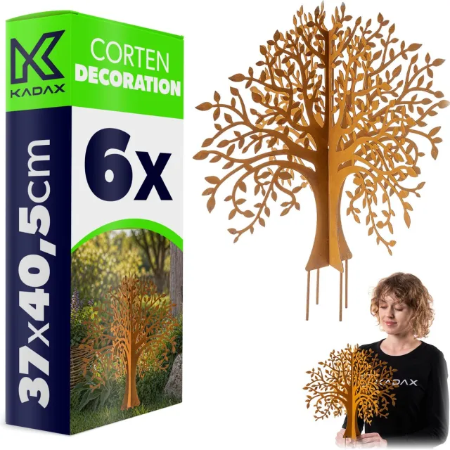 KADAX tuinpinnen in de vorm van een boom van cortenstaal, 6 stuks, tuinversiering van patineerend staal om in de grond te steken, metalen pinnen met roestlook voor in de tuin, weerbestendige metalen decoratie, roestpinnen Bruin