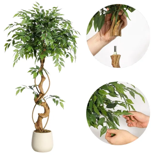Danky Kunstmatige treurficus (zijden materiaal) - Gebogen stam - Witte bloempot - Onderhoudsvrij, geschikt voor binnendecoratie in woonkamers, kantoren, hallen, enz. - 120 cm