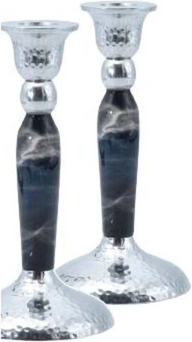 ner mitzvah Marbleized Candle Stick - Black Marbleized Black
