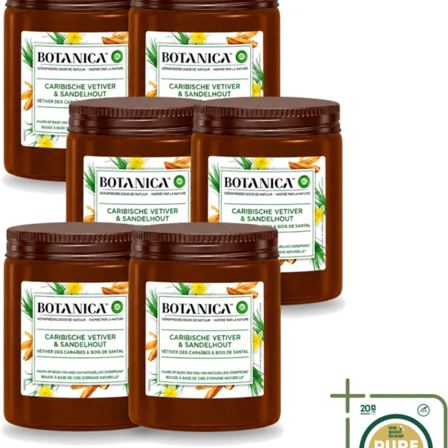 Air Wick 6 x Botanica by Air Wick - Geurkaars - Vetiver & Sandelhout - 40 Uur Brandduur - Wasstrips - Geurkaars Vetiver Sandelhout - Vetiver Geur - Sandelhout Geur - Geurkaars 40 Uur - Botanica Geurkaars Bruin