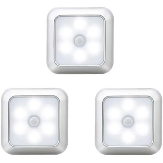 GelldG 3 stuks - Nachtlampje - Kastverlichting - Trapverlichting - Met 6 LED-lampjes - Intelligente Bewegingssensor - Werkt op 3 AAA-batterijen - Plastic - 80x80x20mm - Geschikt voor Nachtlamp - Warm Wit