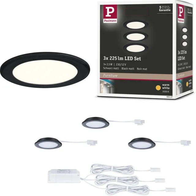 Paulmann LED-meubelinbouwlampen Set van 3 rond 65 mm 3x2,5W 3x180lm 230/12V 3000K Zwart mat