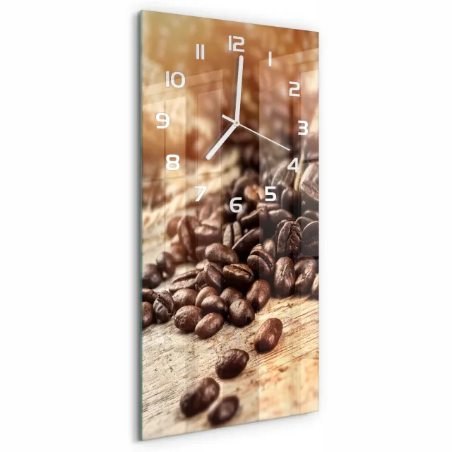 TULUP Wandklok - Koffiebonen Wandklok Glas Decoratie - 30x60 cm - Bruin Gekleurde Glazen Klok - Witte handen - Rechthoekige Klok - Klok Glas Met Opdruk - Moderne Wandklok Glas