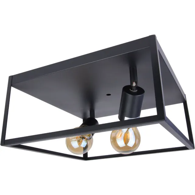 Lightexpert Industriële plafondlamp vierkant zwart - 30x30 cm - 2x E27 - inclusief dimbare LED lichtbronnen 8W totaal Mat zwart