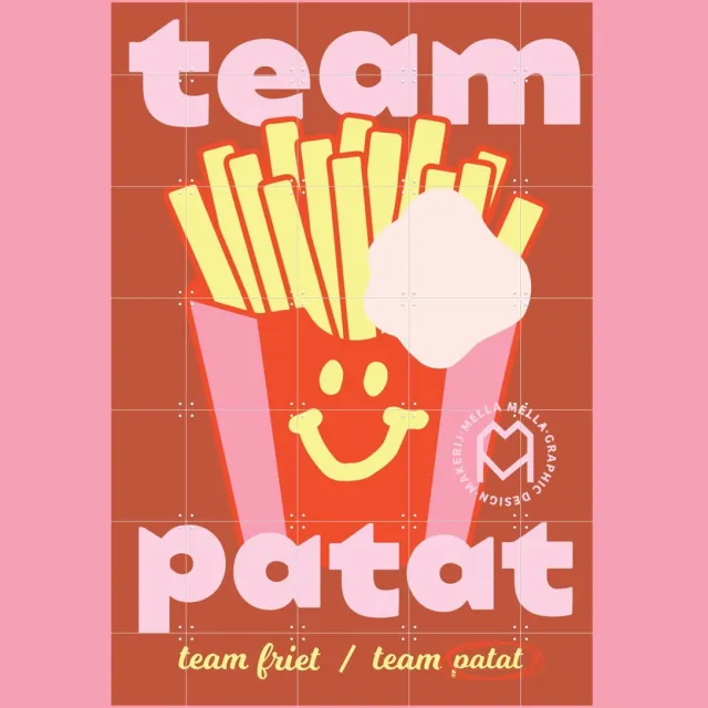 IXXI Team Patat, Mella Mella - 100 x 140 cm - Grote wanddecoratie en posters - Typografie, Digitale Kunst, Cartoonesk, Retro, Kleurrijk, Modern Rood / Geel / Roze