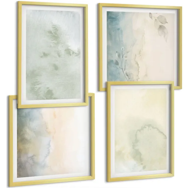 TULUP 4-Delige Schilderij Set - Pastelkleurige aquarelverf op canvastextuur - 40 x 40 cm en 40 x 60 cm - Muurdecoratie - Wanddecoratie - Hal - Stijlvolle Muurdecoratie Gouden lijst