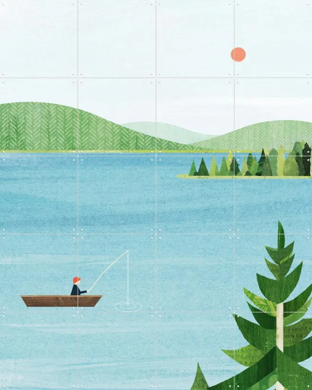 IXXI On the Lake, Henry Rivers - 80 x 100 cm - Grote wanddecoratie en posters - Minimalisme, Illustraties, Speels, Woonkamer, Meer, Natuur Blauw / Koele tinten