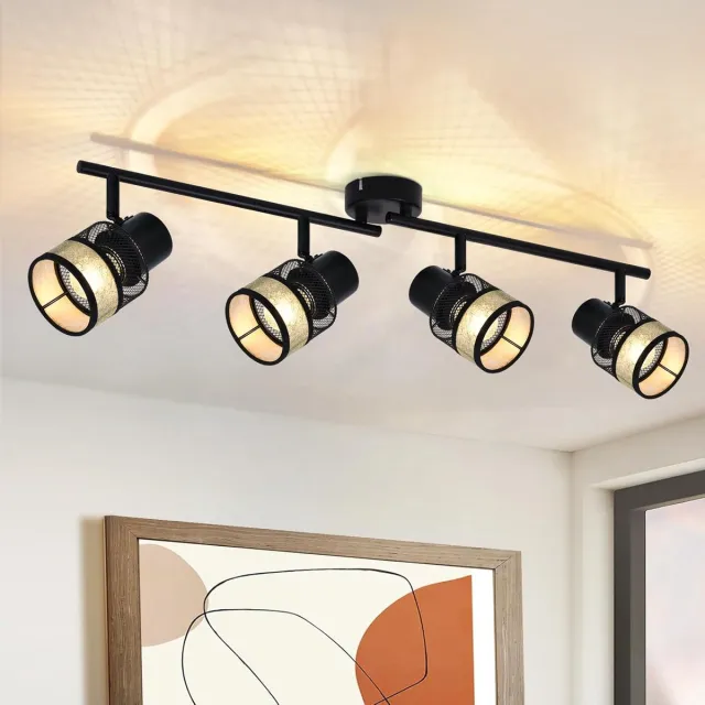 Glitzerlife Plafondspot Plafondlamp - 4-Vlamig Vintage Design - Draaibare Led Plafondspot - E27 Fitting - Metaal En Stoffen Kap - Woonkamer Slaapkamer Keuken Trap Eetkamer - Zwart-Goud