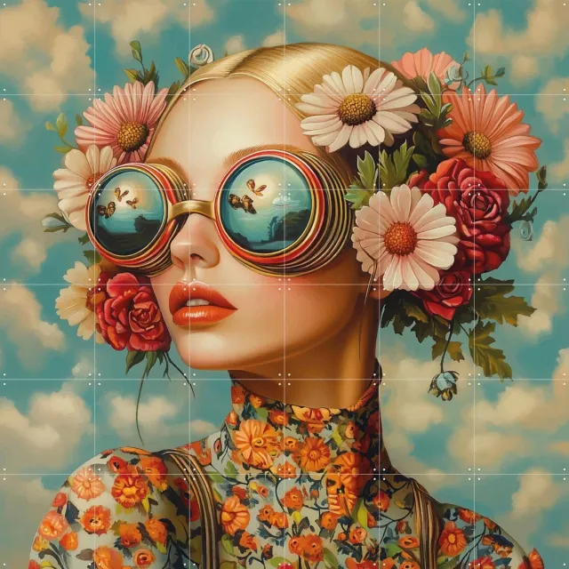 IXXI Floral symphony, Mirjam Duizendstra - 120 x 120 cm - Grote wanddecoratie en posters Woonkamer, Bloemen, Portretten Roze / Blauw