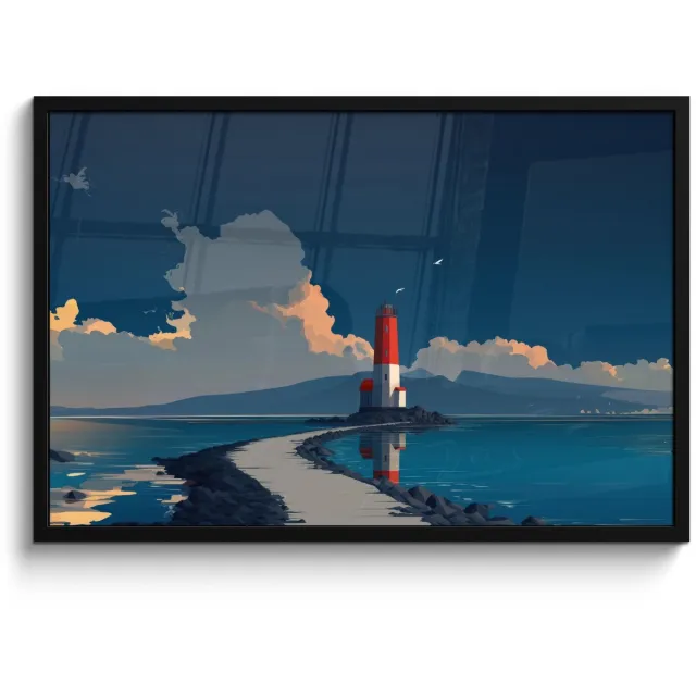 FrameYourWall Poster in lijst - Fotolijst 90x60 cm - Posters - Vuurtoren - Zee - Wolken - Posterlijst zwart - Decoratie - Wanddecoratie woonkamer - Muurdecoratie slaapkamer