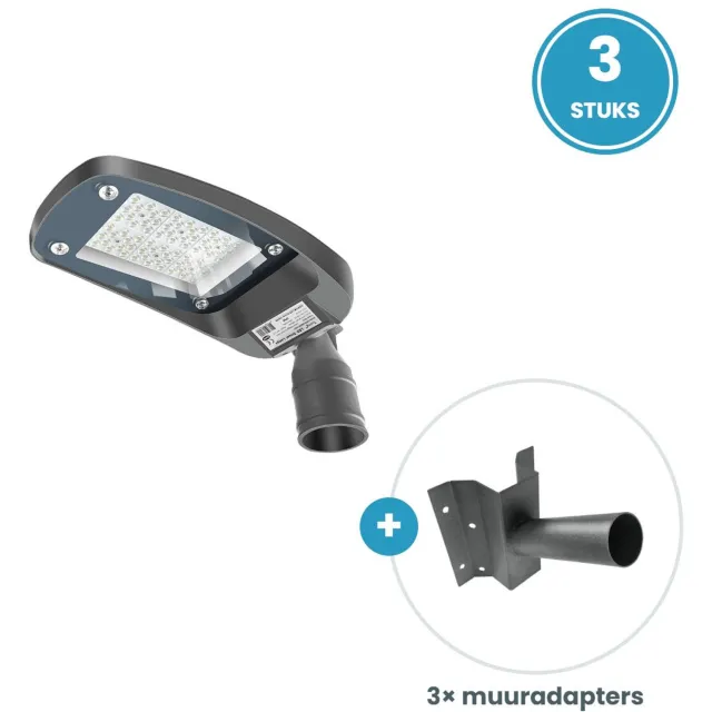 Tsong LED Straatverlichting 60W 9000lm - Koelwit 4000K - IP66 - 3 stuks - Incl. 3 muuradapters - 230V