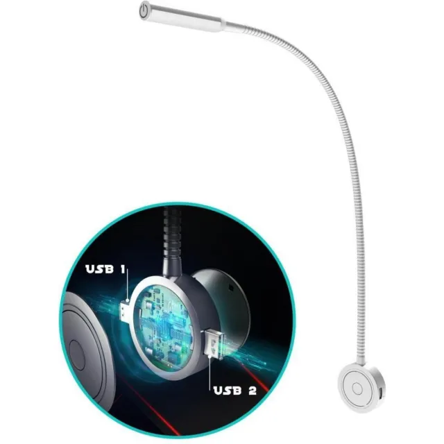 Bolt Electronics® BLLIQ2011 Leeslamp 1 stuk – Bedlamp met 2 USB's - Nachtlampje voor Volwassenen - Wandlamp met Dimfunctie - Kantelbaar - 360 °C rotatie - Verlichting - Zilver 1x Zilver