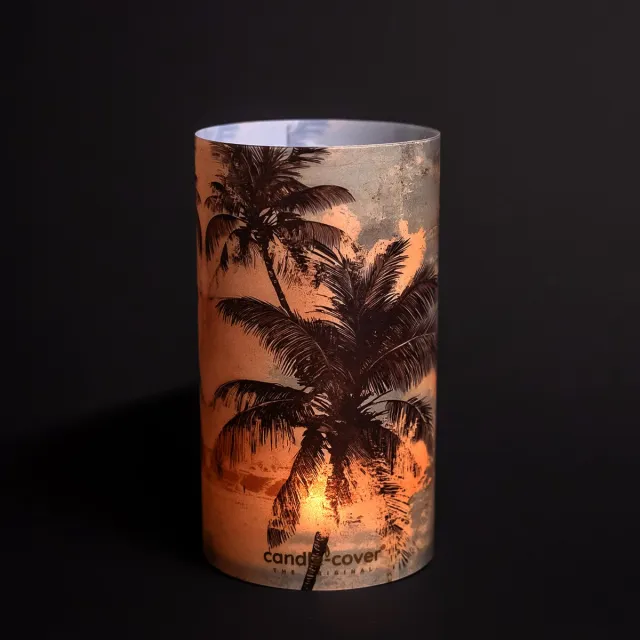 Candlecover Candle-Cover - Palm Trees - trendy omhulsel voor (oplaadbaar) theelicht en waxinelicht - windlicht - 9 cm rond - 16 cm hoog Donkergrijs