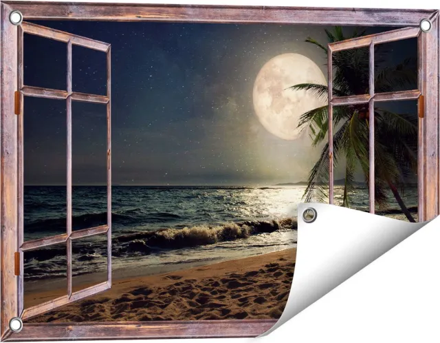 Gards Tuinposter Doorkijk Tropisch Strand in de Nacht met Volle Maan - 60x40 cm - Tuindoek - Tuindecoratie - Wanddecoratie buiten - Tuinschilderij Bruin