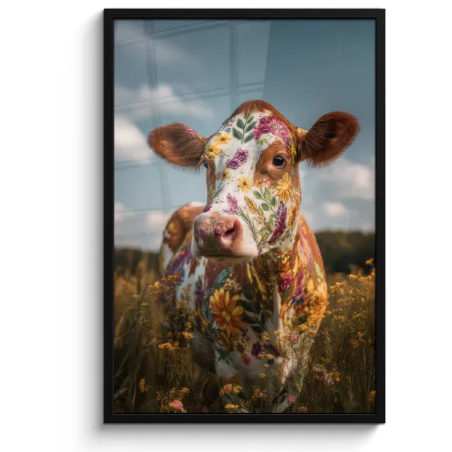 FrameYourWall Poster in lijst - Fotolijst 60x90 cm - Posters - Koe - Bloemen - Weiland - Posterlijst zwart - Decoratie - Wanddecoratie woonkamer - Muurdecoratie slaapkamer
