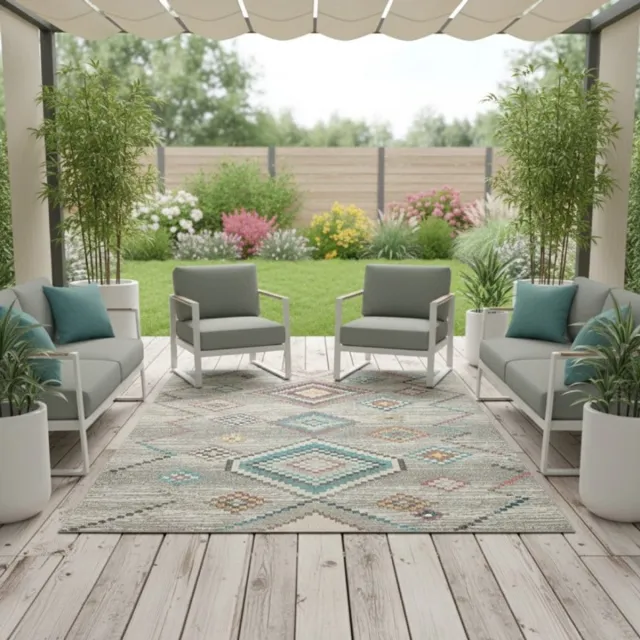 TapisTrend Buiten- en terraskleden Crème 160x230 cm Vintage, etnisch crèmekleurig vloerkleed met veelkleurige ruitpatronen, geschikt voor binnen- en buitengebruik in de woonkamer Beige