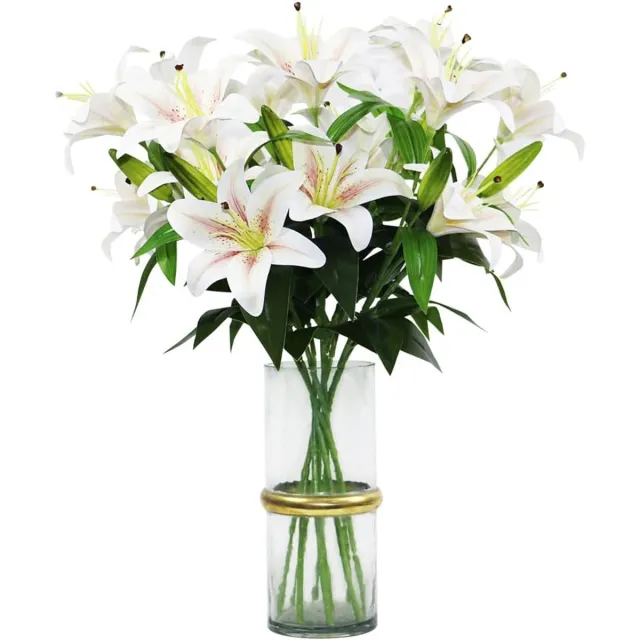 Famanu Set van 4 stuks 60 cm lang kunsttijgerlelie 8 bloeiende bloemhoofden en 4 knoppen 3D geprint kunstbloemen ter decoratie voor bruiloften thuis hotel kantoor zonder vaas Long handle Champagne White