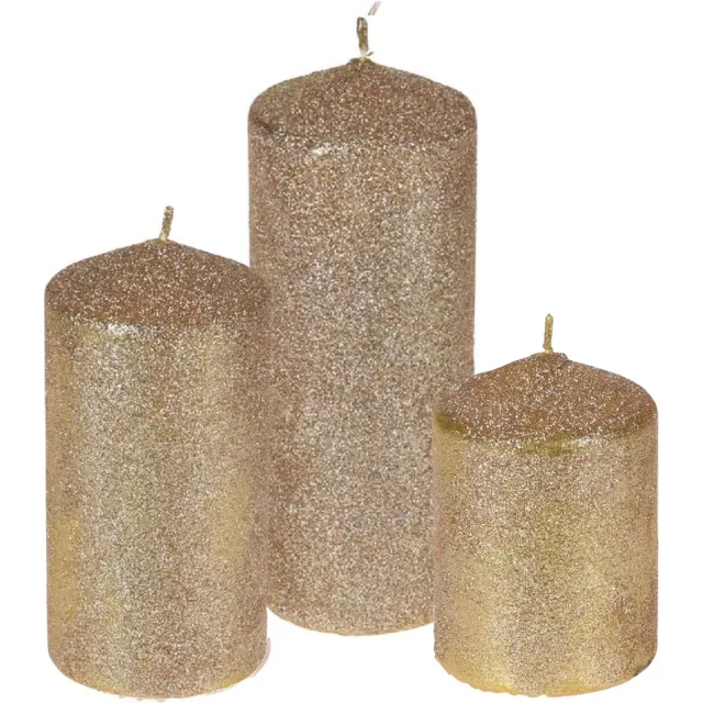 Cactula set van 3 gouden glitter stompkaarsen 10 14 en 18 cm Glitter Goud
