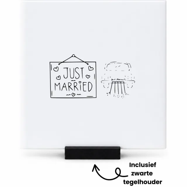 Hacebo Just married tegeltje met tegelhouder - Trouwen - koppel - tegeltjes met tekst - Leuke cadeau voor pasgetrouwd stel - spreuktegels - 10.8x10.8 CM Wit
