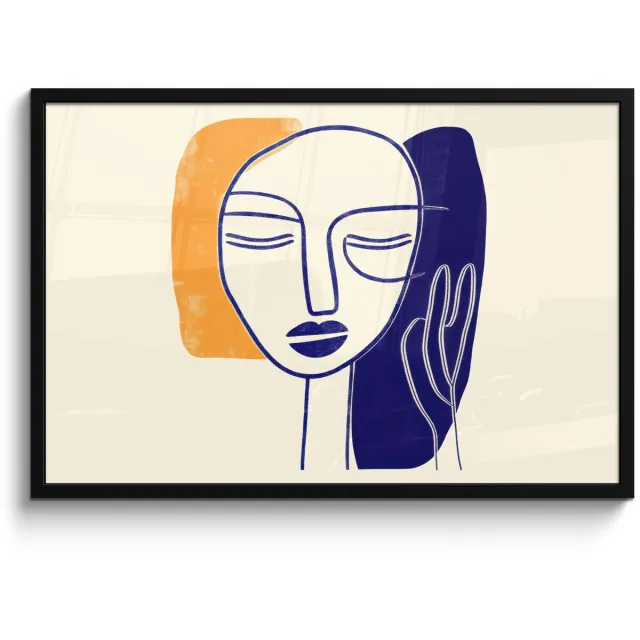 FrameYourWall Poster in lijst - Fotolijst 90x60 cm - Posters - Minimalistisch - Gezicht - Hand - Oranje - Blauw - Posterlijst zwart - Decoratie - Wanddecoratie woonkamer - Muurdecoratie slaapkamer Gezicht - Hand - Minimalistisch