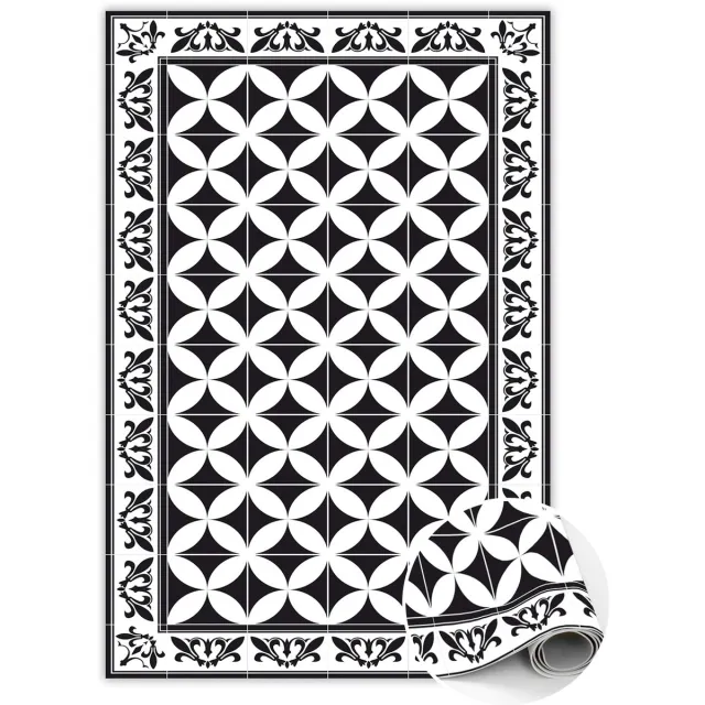 TULUP Vinyl Tapijt - Spaanse tegels PVC Tapijt - 140 x 210 cm - Zwart En Wit Vloerkleed Op Vinyl - Vinylmat - PVC Floor Mat - Keukentapijt - Haltapijt Zwart en Wit Spaanse Tegels