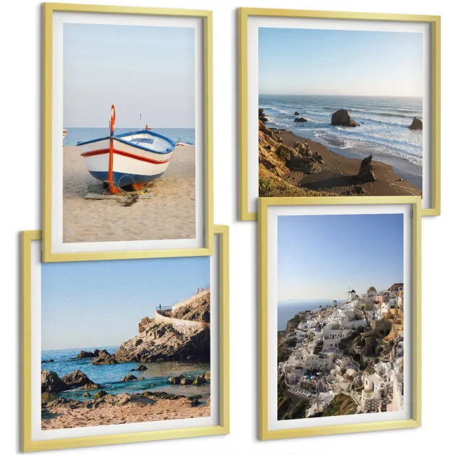 TULUP 4-Delige Schilderij Set - Uitzicht op zee met boten en witte huizen in Griekenland - 40 x 40 cm en 40 x 60 cm - Wanddecoratie - Schilderijen Set - Kantoor - Muurdecoratie Gouden lijst