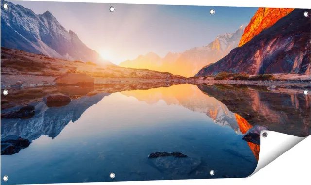 Gards Tuinposter Bergen Landschap met Zonsopgang - 120x60 cm - Tuindoek - Tuindecoratie - Wanddecoratie buiten - Tuinschilderij Multikleur