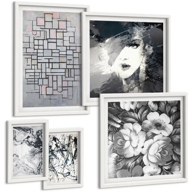 TULUP 4-Delige Schilderij Set - Abstracte composities met bloemen en portretten in een moderne stijl. - 50 x 50 cm, 20 x 30 cm en 40 x 60 cm - Stijlvolle Muurdecoratie - Slaapkamer - Woonkamer Decoratie Witte lijst