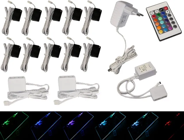 Trango Set van 10 RGB Kleur Veranderende LED Glazen Randverlichting 5022-10 incl. Afstandsbediening Kastverlichting I Glazen Vloerverlichting I Vitrine Verlichting I LED Clips I Meubelverlichting