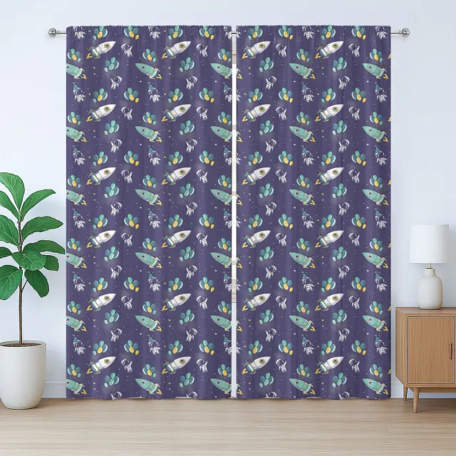 ABAKUHAUS Feestgordijn in rustieke stijl, ballonnen aan raketten, slaapkamergordijn met lussen en haken, 280 x 175 cm, violet, blauw, geel