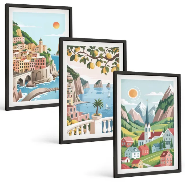 Coloray 3-Delige Schilderij Set - Schilderachtige Landschappen Met Zee En Citrusvruchten - 40 x 60 cm - Wanddecoratie - Woonkamer Decoratie - Moderne Wanddecoratie Zwarte lijst