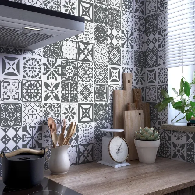 Ambiance Sticker Tegelstickers voor de muur in keuken en badkamer - 30 cementtegelstickers in verschillende tinten Warschaugrijs - 30 stickers van 20x20 cm Multi color