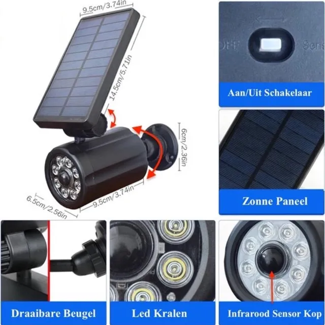 Peakonline Lexorion Secure - Nep Camera Solar Buitenlamp – 1 Stuk - 8 LED - IP65 Waterdicht - Beweging Sensor - 3 Lichtstanden - Wandlamp op Zonne-energie in Camera Design voor Tuin, Oprit & Terras Zwart Model 2