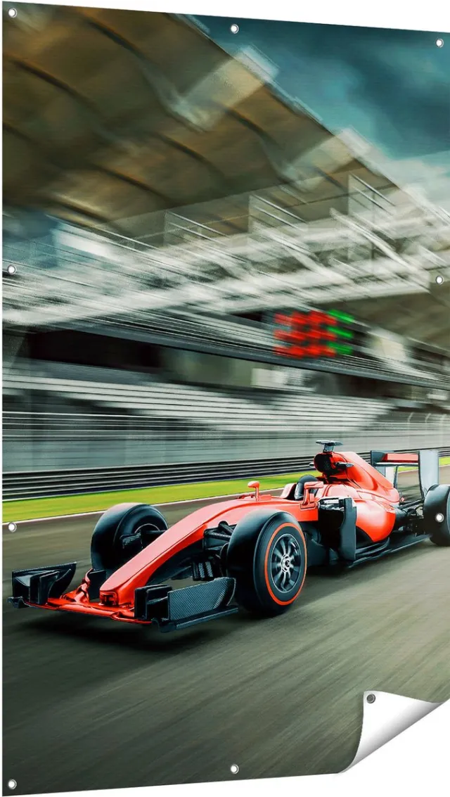 Gards Tuinposter Formule 1 Auto bij de Finish in het Rood - 100x150 cm - Tuindoek - Tuindecoratie - Wanddecoratie buiten - Tuinschilderij Multikleur